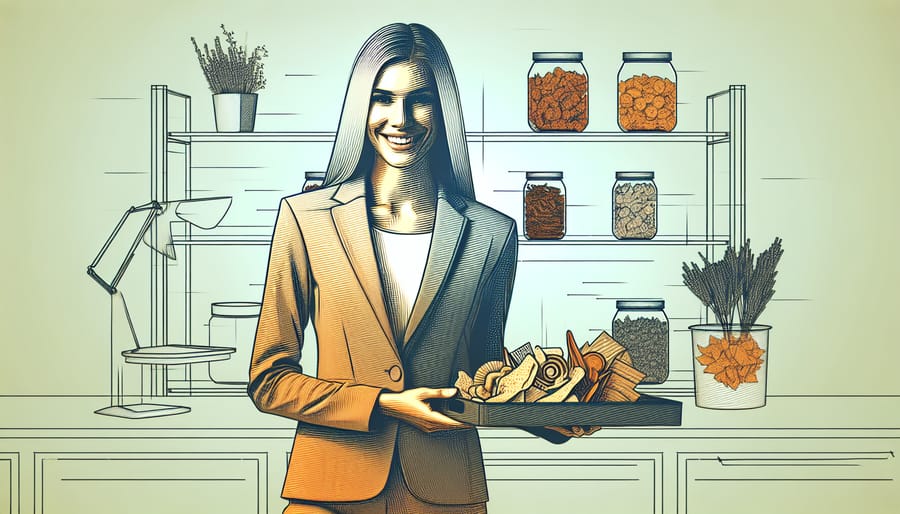 A female entrepreneur smiling confidently in a stylish, modern kitchen while holding a tray of freshly freeze dried treats, with shelves filled with jars of different freeze dried snacks behind her.