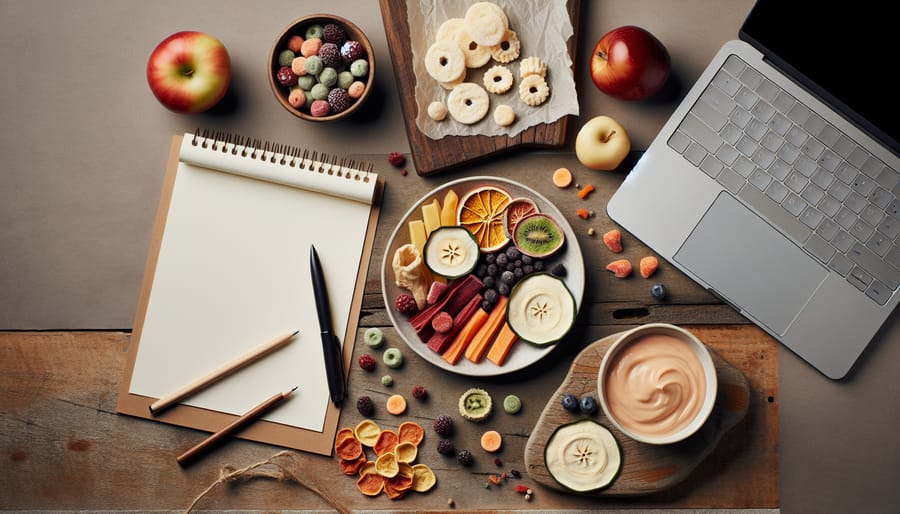 A variety of vibrant freeze dried treats, such as fruits, vegetables, and yogurt bites, artistically arranged on a rustic wooden table with subtle entrepreneurial elements like a notepad, pen, and laptop in the background.